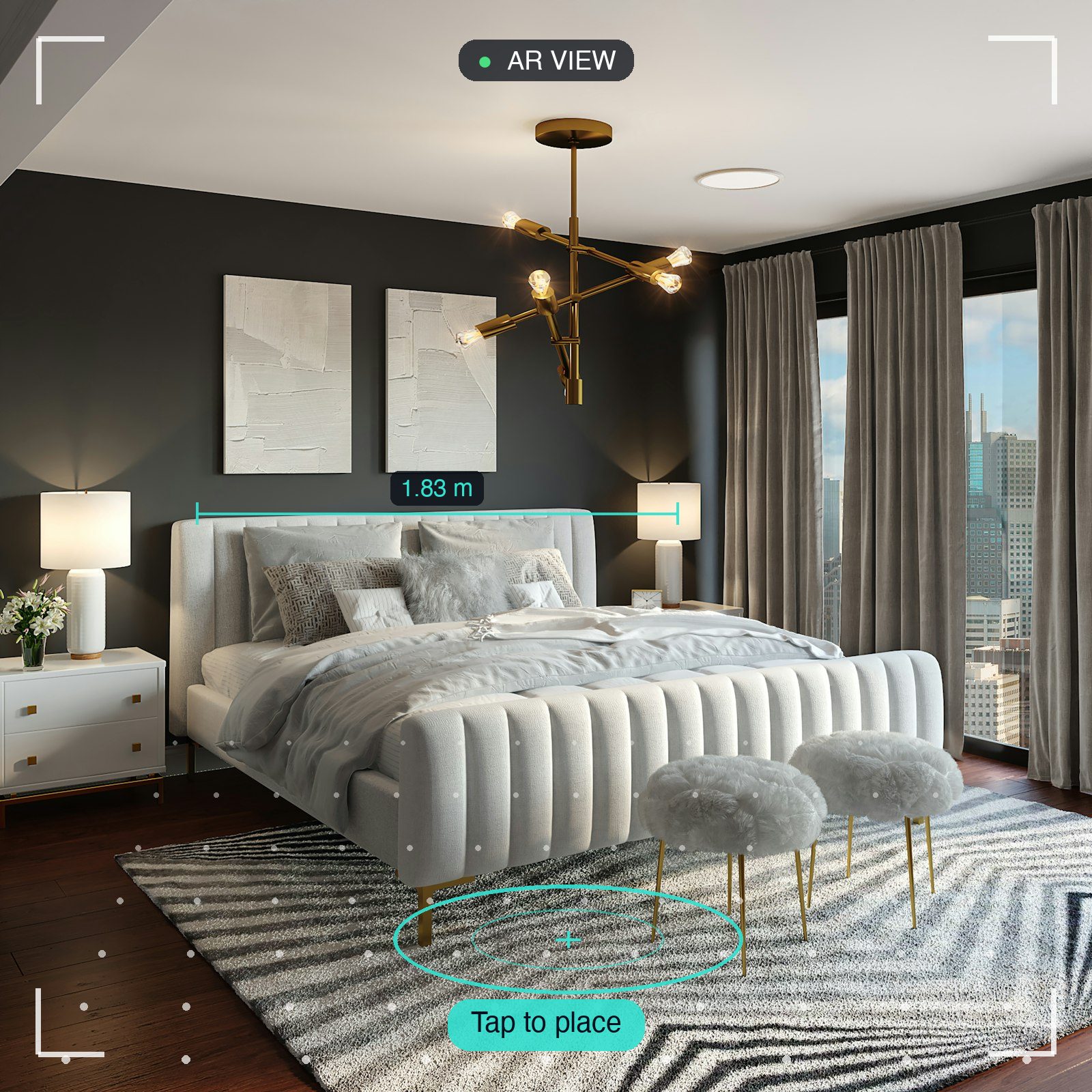 Augmented reality furniture app placing a bed in a real room, with plane detection, dimensions and tap-to-place controls