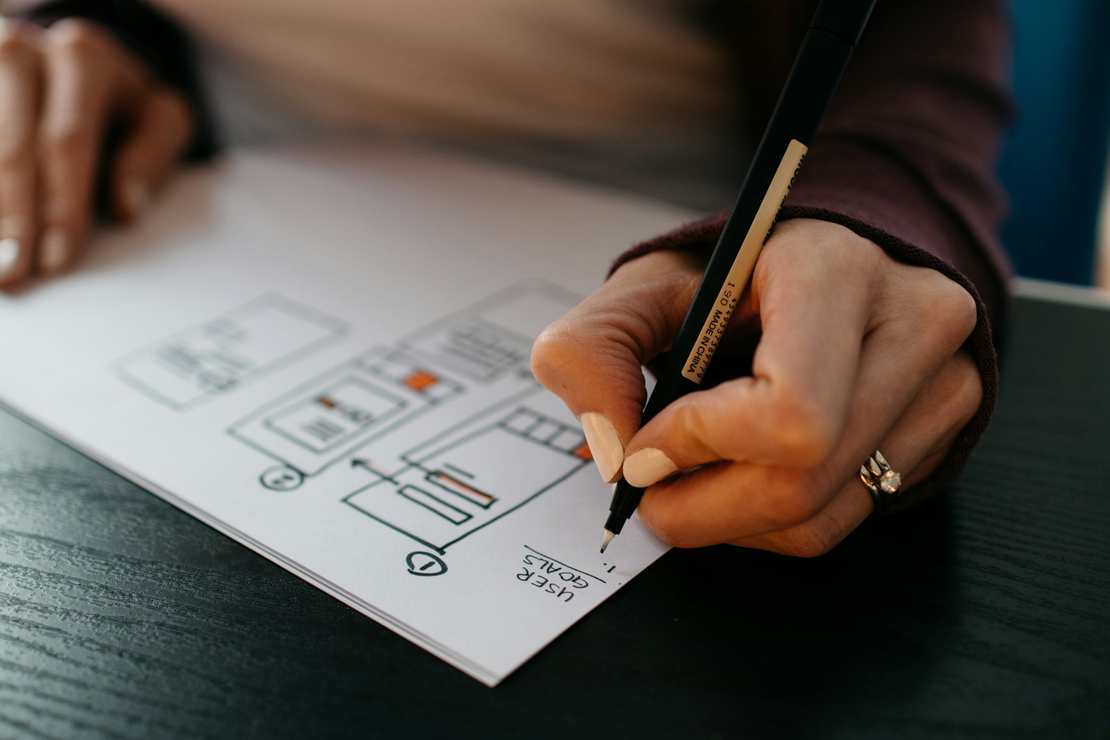 Hand sketching website wireframes and user goals on paper